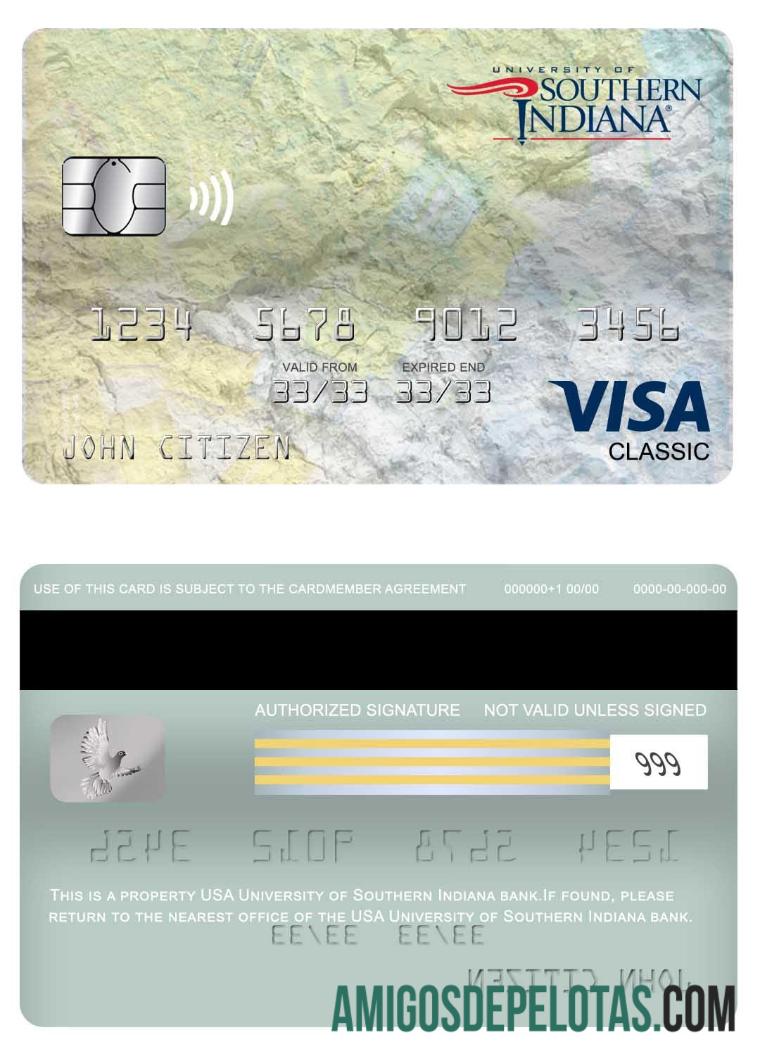 Cartão Visa Classic da Universidade do Sul de Indiana dos EUA exemplo real